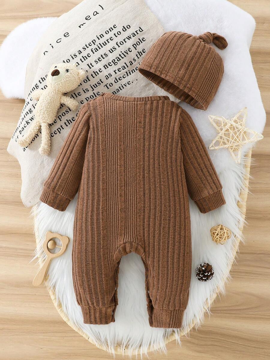 Baby Ribbed Knit Long Sleeve Jumpsuit Set with Matching Hat for Daily Wear
