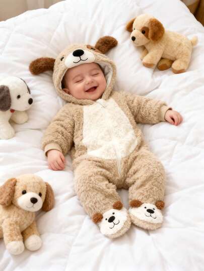 Plush 3D Puppy Hooded Jumpsuit with Feet for Cute Winter Daily Wear