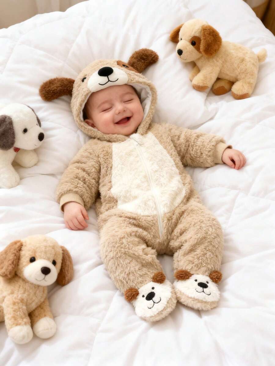 Plush 3D Puppy Hooded Jumpsuit with Feet for Cute Winter Daily Wear