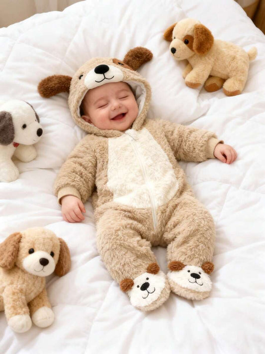 Plush 3D Puppy Hooded Jumpsuit with Feet for Cute Winter Daily Wear