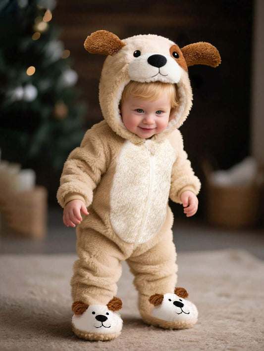 Plush 3D Puppy Hooded Jumpsuit with Feet for Cute Winter Daily Wear