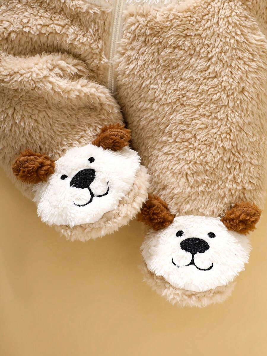 Plush 3D Puppy Hooded Jumpsuit with Feet for Cute Winter Daily Wear