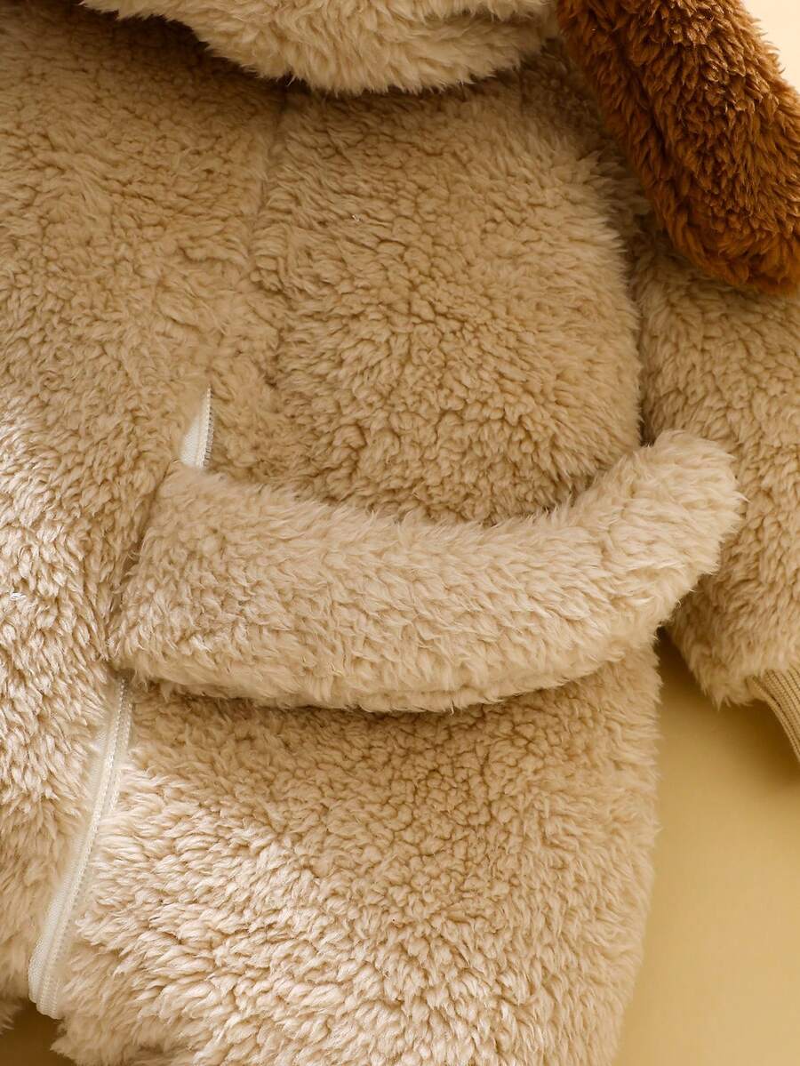 Plush 3D Puppy Hooded Jumpsuit with Feet for Cute Winter Daily Wear