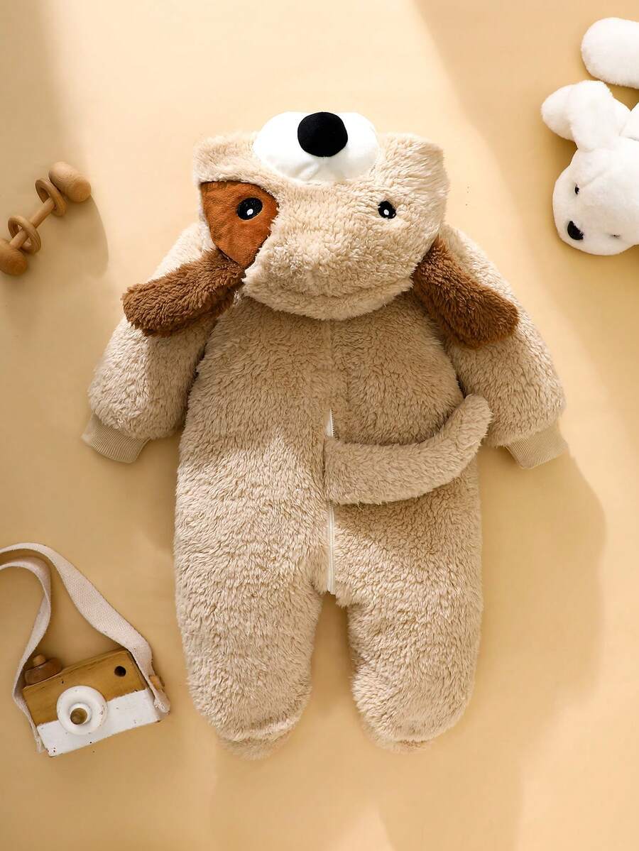 Plush 3D Puppy Hooded Jumpsuit with Feet for Cute Winter Daily Wear