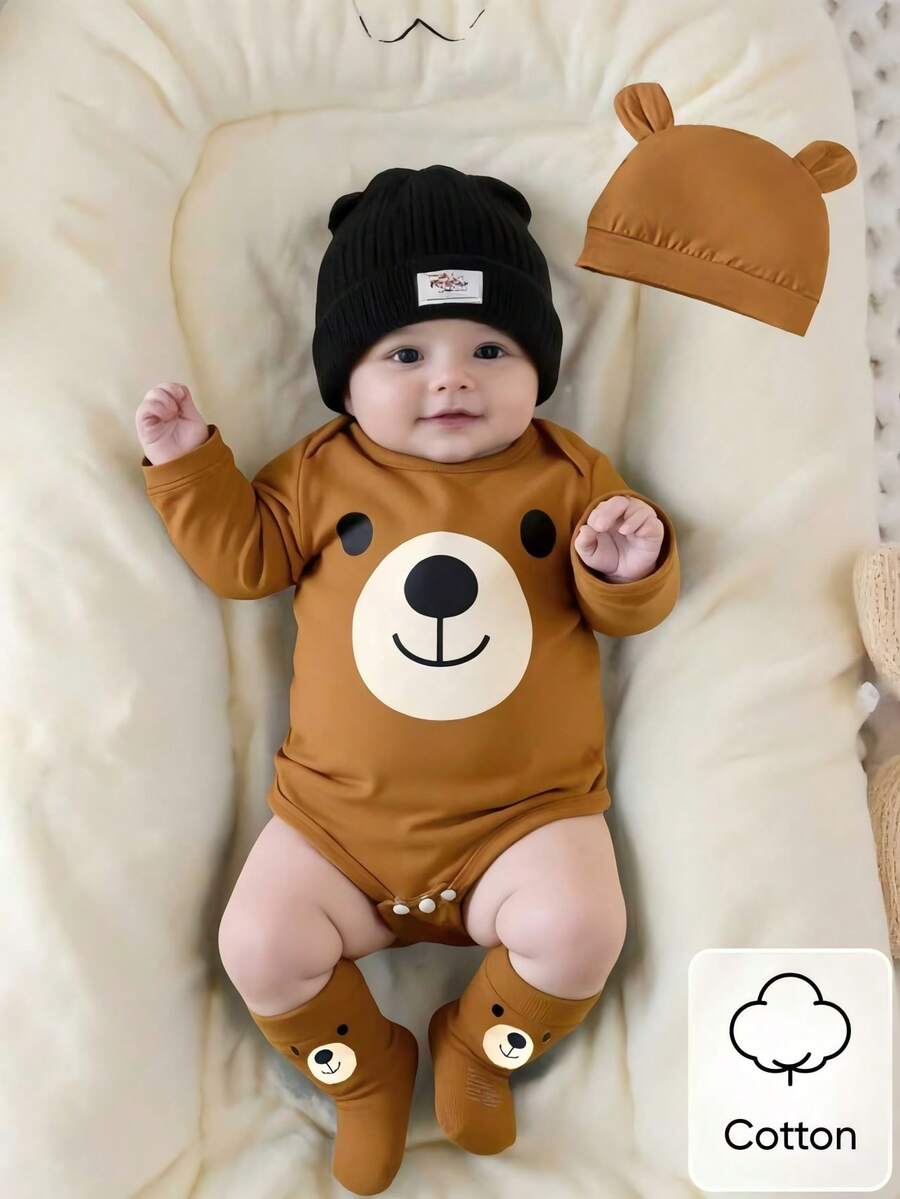 Teddy Bear Print Jumpsuit Hat and Socks Outfit Set for Cute Autumn and Winter Wear