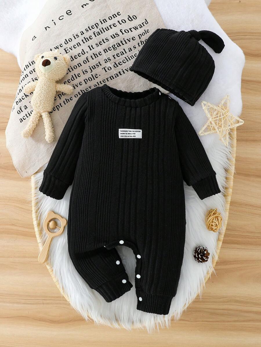 Baby Ribbed Knit Long Sleeve Jumpsuit Set with Matching Hat for Daily Wear