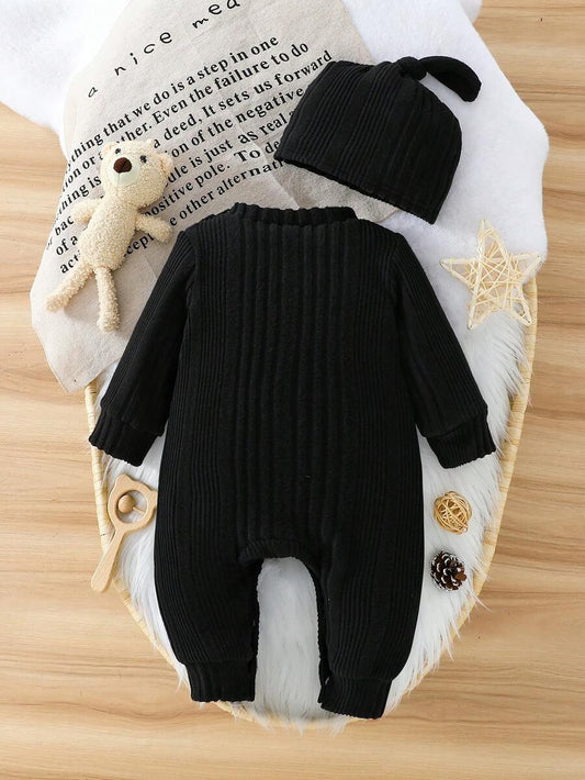Baby Ribbed Knit Long Sleeve Jumpsuit Set with Matching Hat for Daily Wear