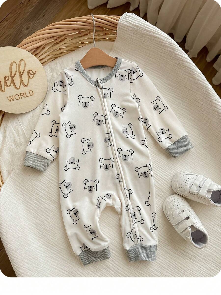 Cute Cartoon Bear Print Baby Zipper Romper for Newborn Boys and Girls