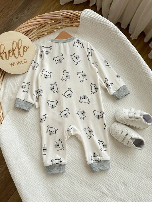 Cute Cartoon Bear Print Baby Zipper Romper for Newborn Boys and Girls