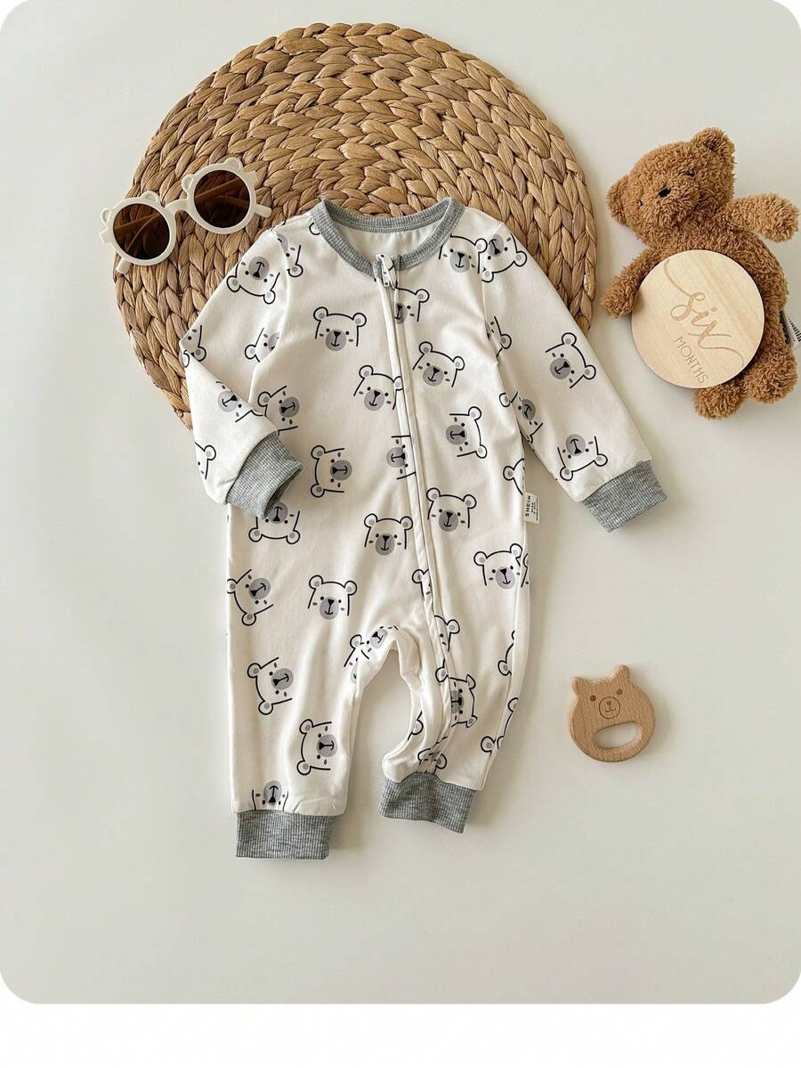 Cute Cartoon Bear Print Baby Zipper Romper for Newborn Boys and Girls