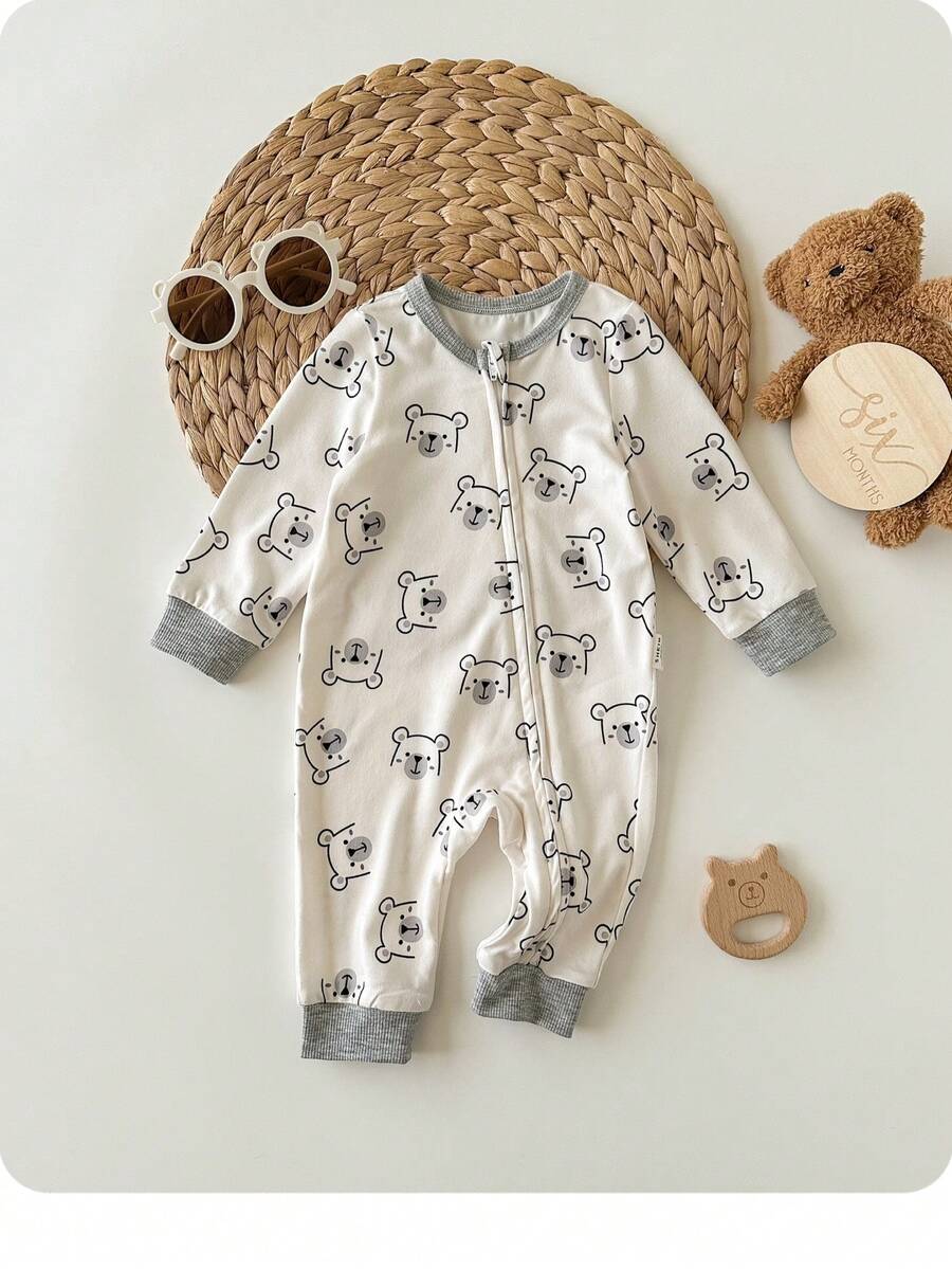 Cute Cartoon Bear Print Baby Zipper Romper for Newborn Boys and Girls