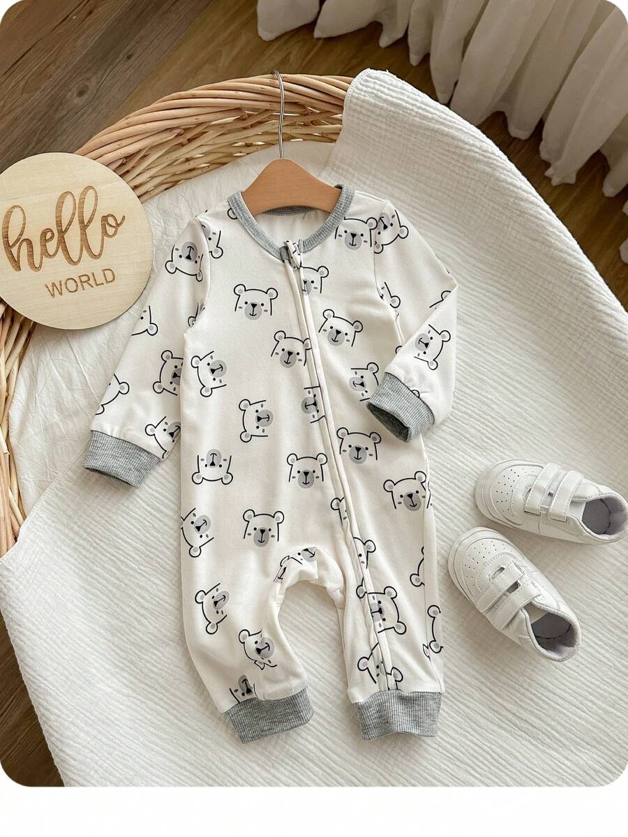 Cute Cartoon Bear Print Baby Zipper Romper for Newborn Boys and Girls