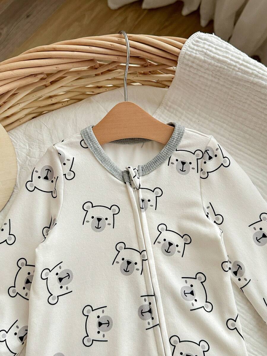 Cute Cartoon Bear Print Baby Zipper Romper for Newborn Boys and Girls