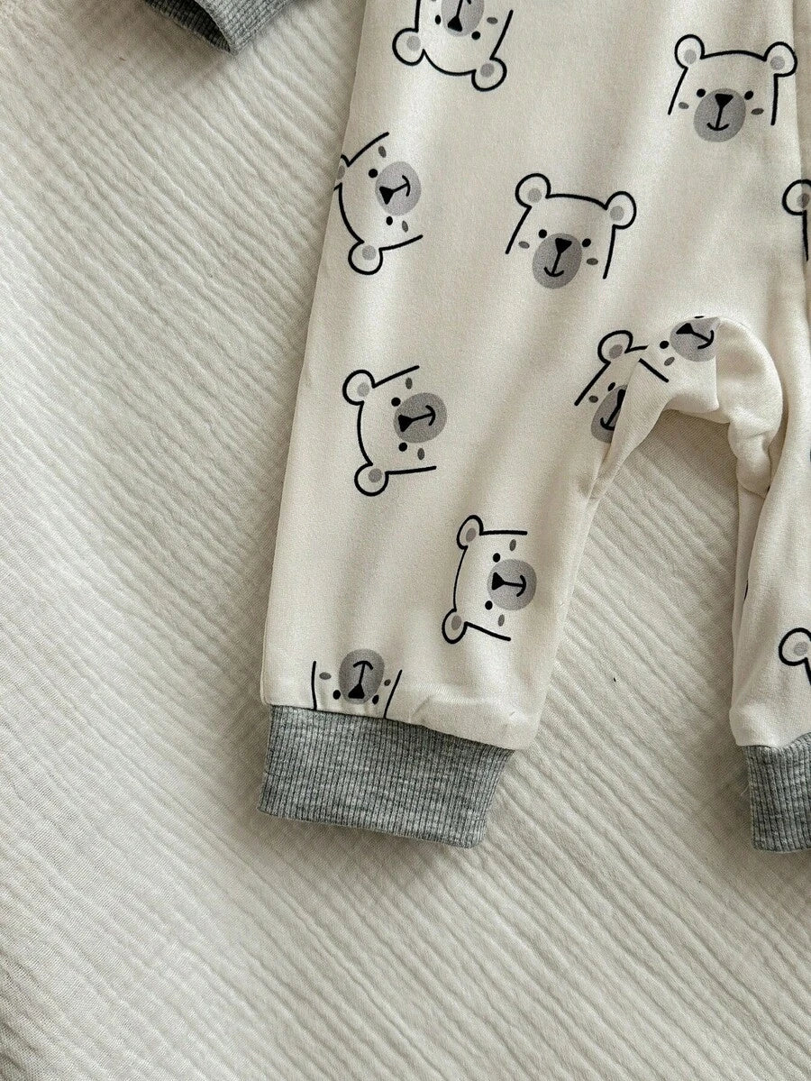 Cute Cartoon Bear Print Baby Zipper Romper for Newborn Boys and Girls
