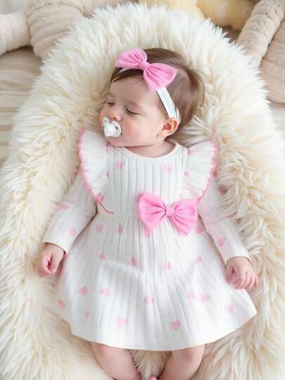 Baby Heart Pattern Dress and Headband Set for Cute All Season Daily Wear