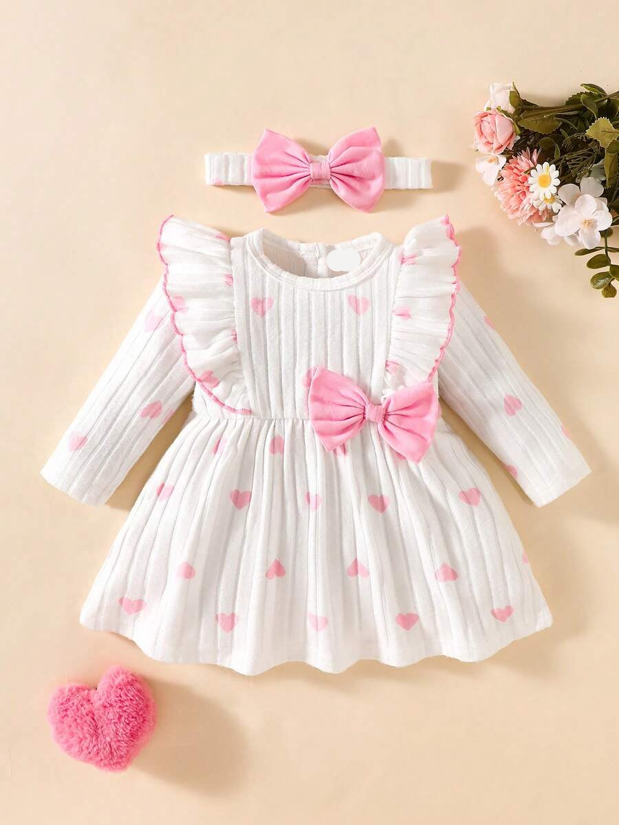 Baby Heart Pattern Dress and Headband Set for Cute All Season Daily Wear