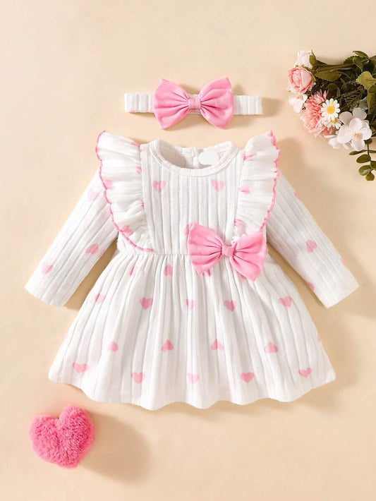 Baby Heart Pattern Dress and Headband Set for Cute All Season Daily Wear