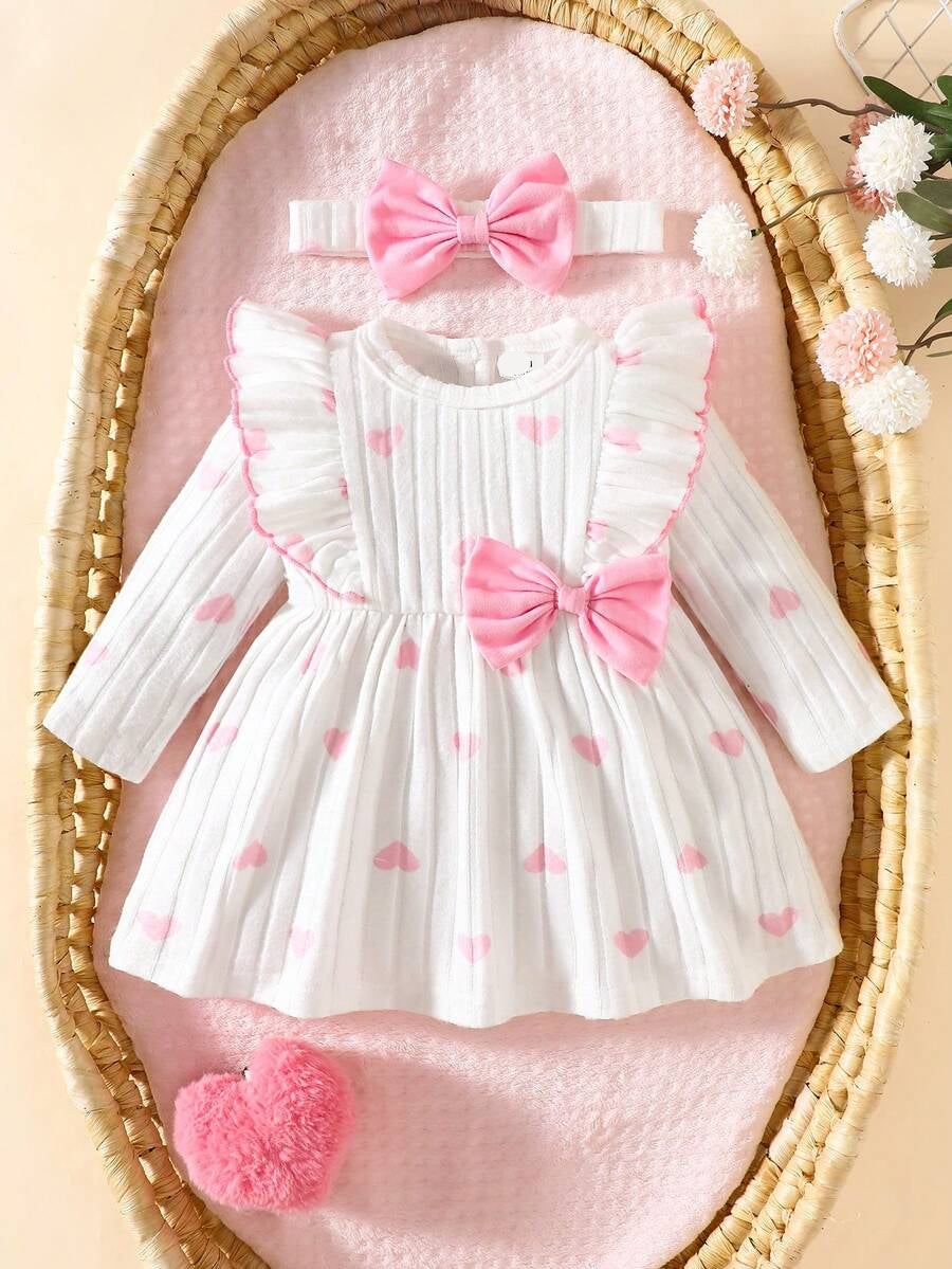 Baby Heart Pattern Dress and Headband Set for Cute All Season Daily Wear