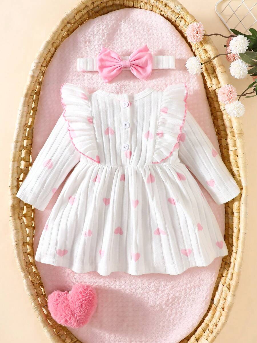Baby Heart Pattern Dress and Headband Set for Cute All Season Daily Wear