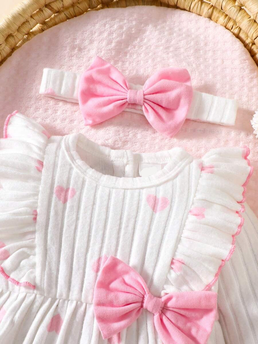 Baby Heart Pattern Dress and Headband Set for Cute All Season Daily Wear