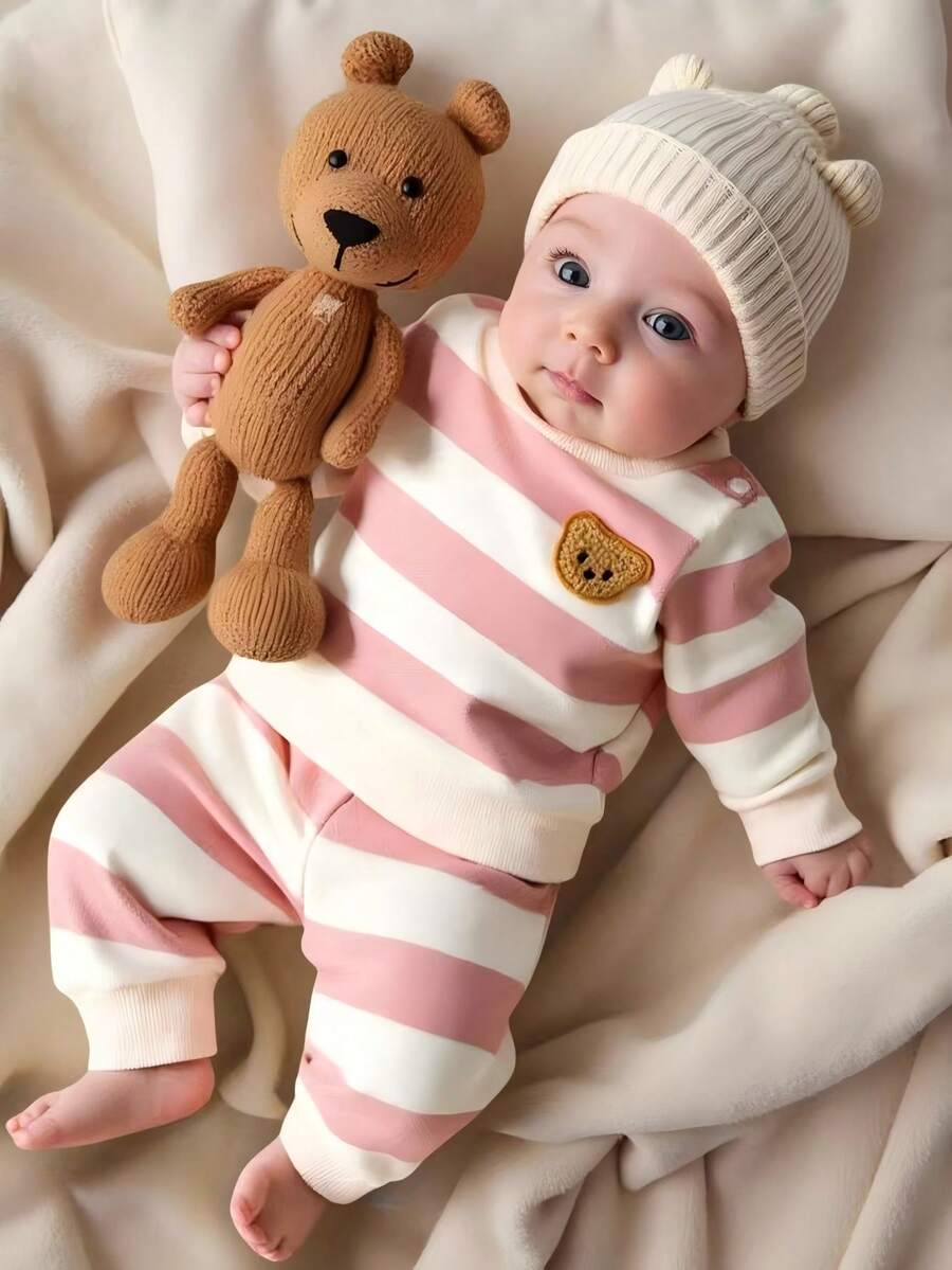 Baby Boy Black and White Striped Teddy Bear Top and Pants Set
