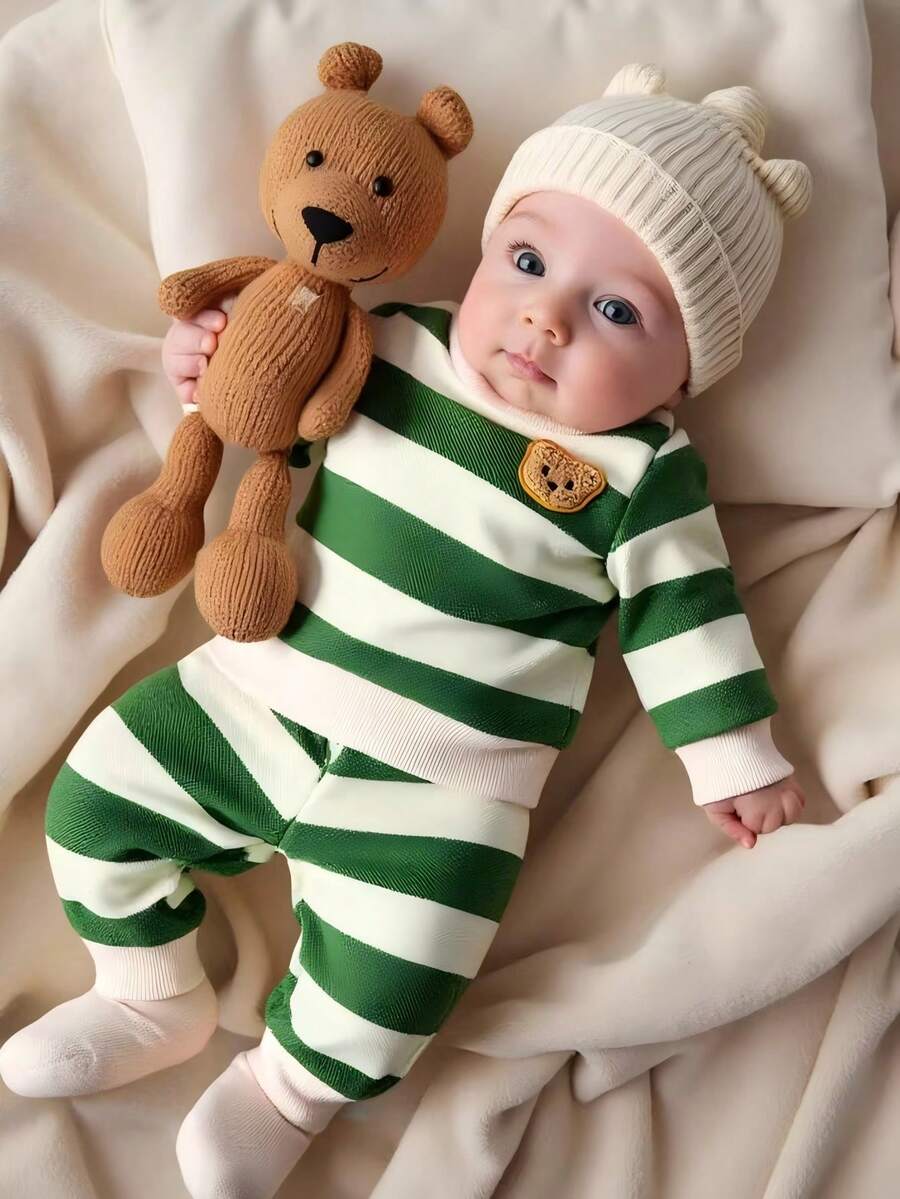 Baby Boy Black and White Striped Teddy Bear Top and Pants Set