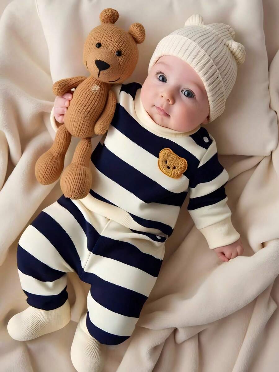 Baby Boy Black and White Striped Teddy Bear Top and Pants Set