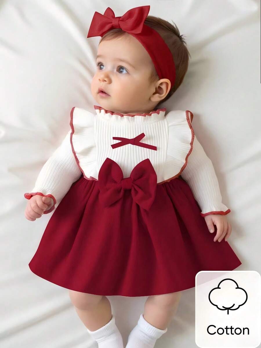 Baby Heart Pattern Dress and Headband Set for Cute All Season Daily Wear