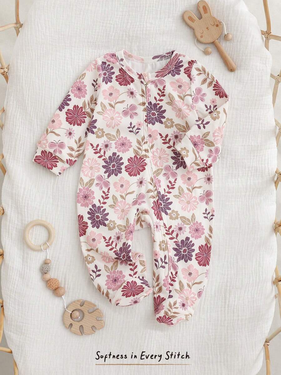 Floral Print Baby Girl Knit Romper with Long Sleeve Crew Neck Design