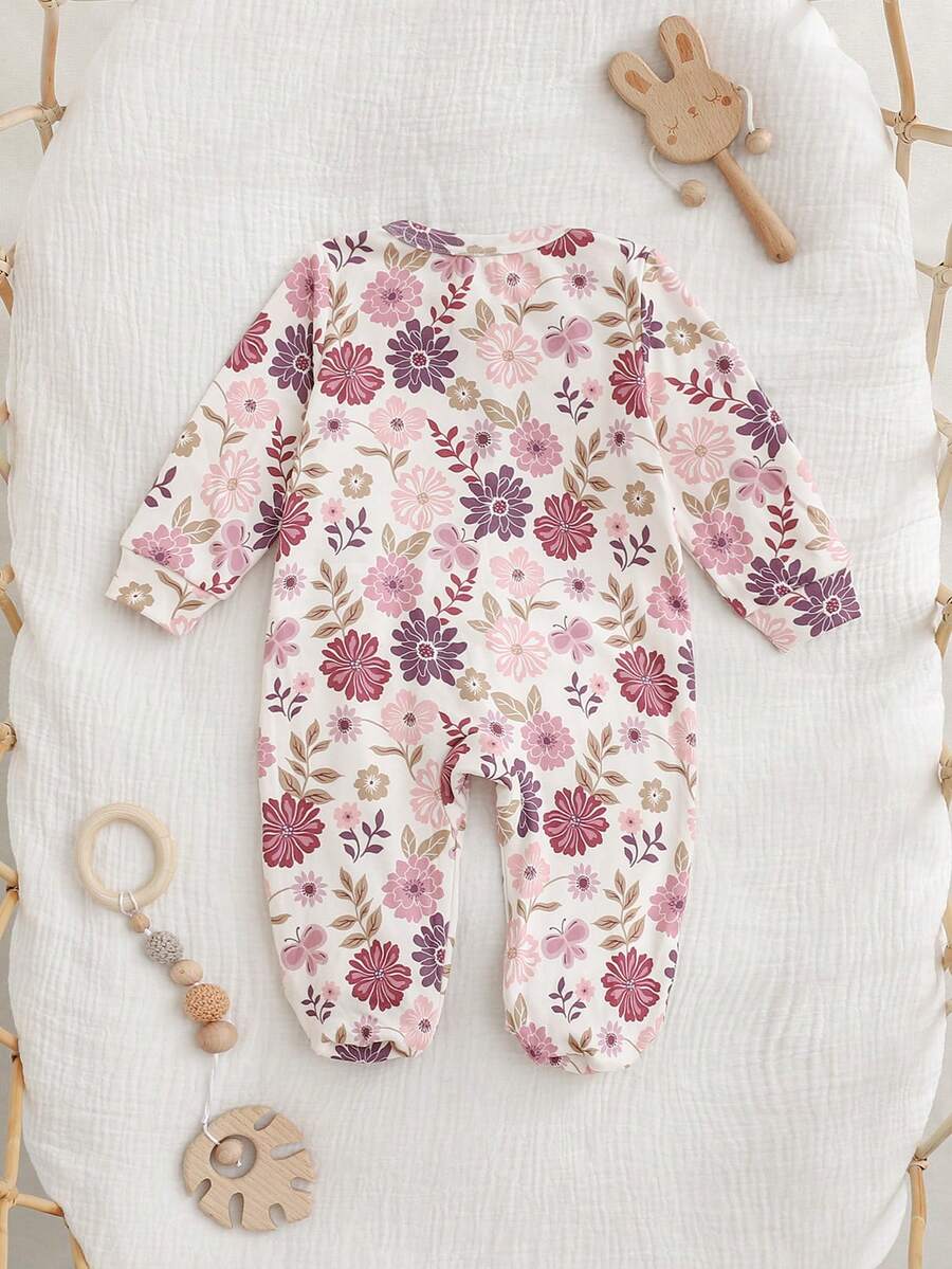 Floral Print Baby Girl Knit Romper with Long Sleeve Crew Neck Design