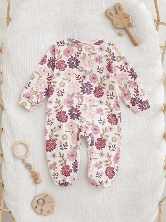 Floral Print Baby Girl Knit Romper with Long Sleeve Crew Neck Design