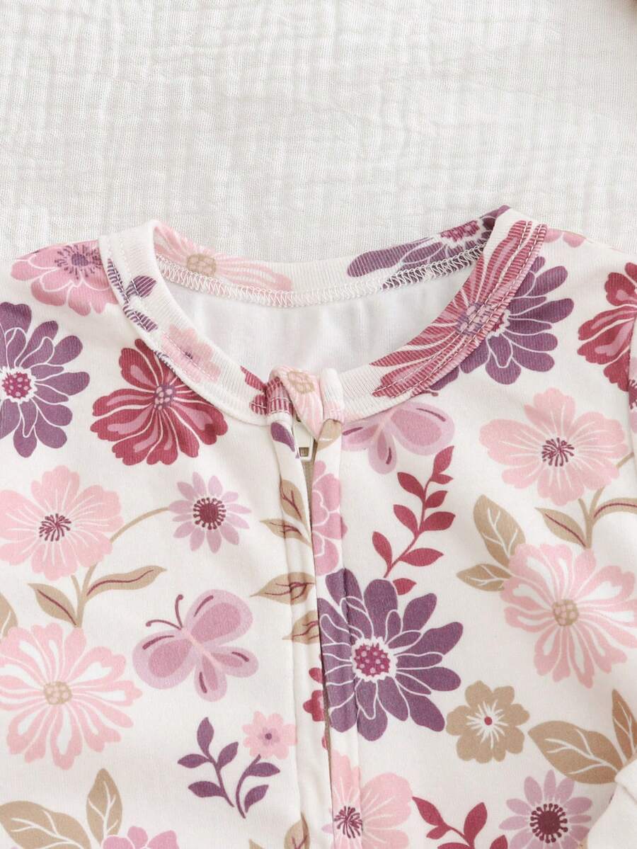 Floral Print Baby Girl Knit Romper with Long Sleeve Crew Neck Design