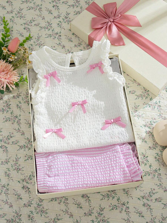 Cute Two Piece Summer Clothing Set For Little Girls Jacquard Style