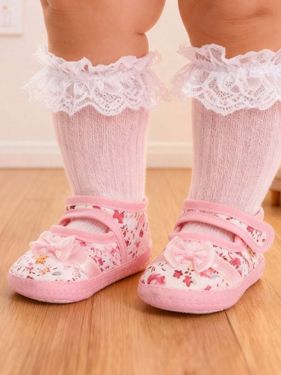 Infant Girls' Princess Shoes Socks – Delicate Lace Bow & Soft Sole, Non-Slip First Walkers for 0-12 Months