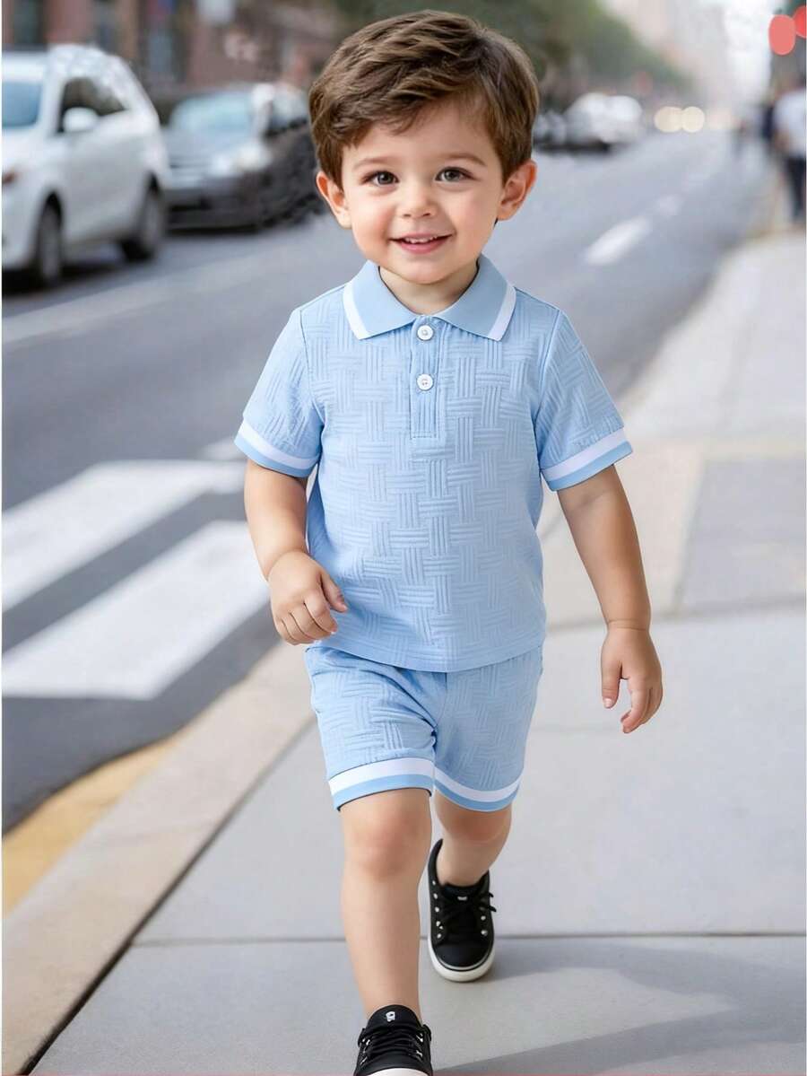 Stylish Baby Boy Solid Color Jacquard Top and Matching Shorts Summer Set