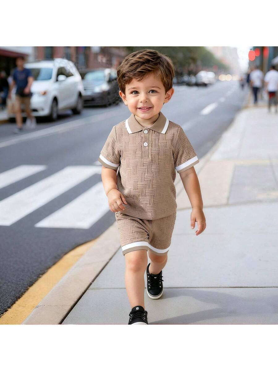 Stylish Baby Boy Solid Color Jacquard Top and Matching Shorts Summer Set