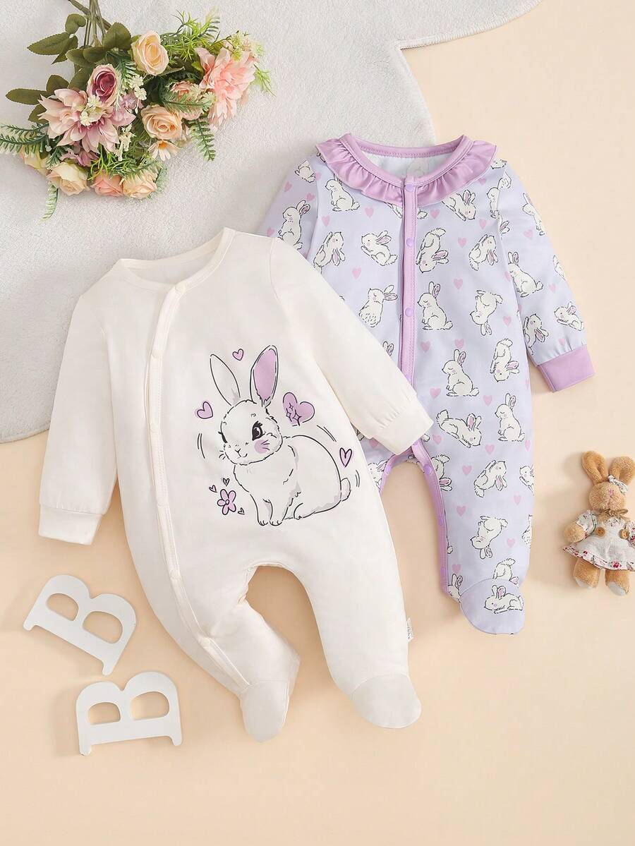 4PCS Newborn Bear & Bow Print Romper Set with Hat & Mittens