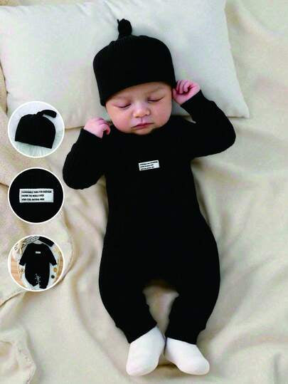 Baby Ribbed Knit Long Sleeve Jumpsuit Set with Matching Hat for Daily Wear
