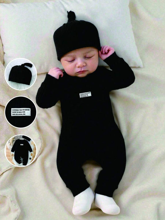 Baby Ribbed Knit Long Sleeve Jumpsuit Set with Matching Hat for Daily Wear