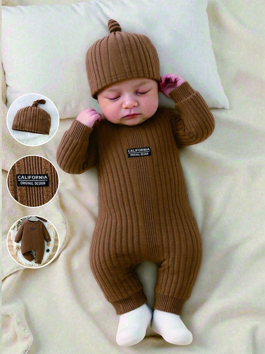 Baby Ribbed Knit Long Sleeve Jumpsuit Set with Matching Hat for Daily Wear