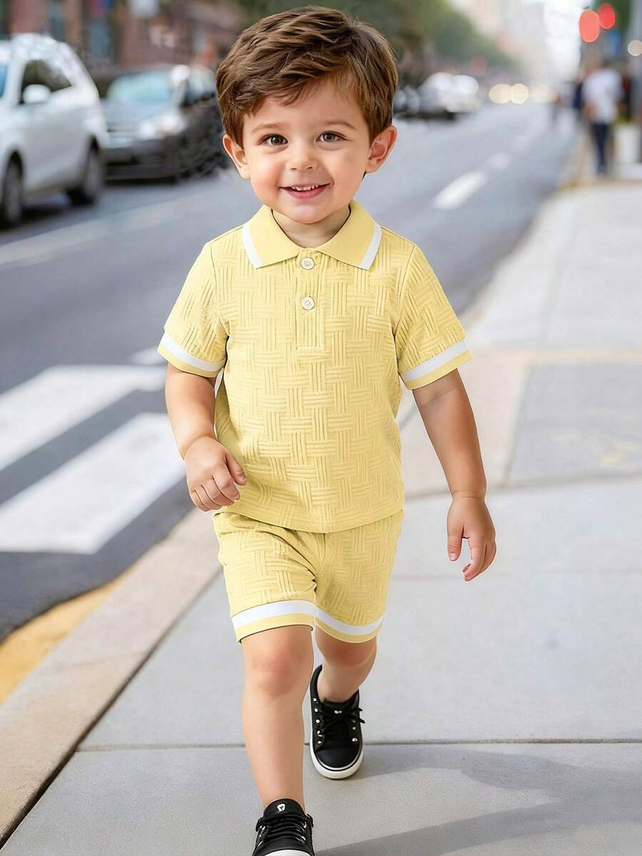 Stylish Baby Boy Solid Color Jacquard Top and Matching Shorts Summer Set