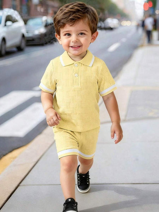 Stylish Baby Boy Solid Color Jacquard Top and Matching Shorts Summer Set