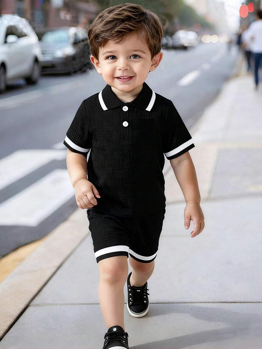 Stylish Baby Boy Solid Color Jacquard Top and Matching Shorts Summer Set
