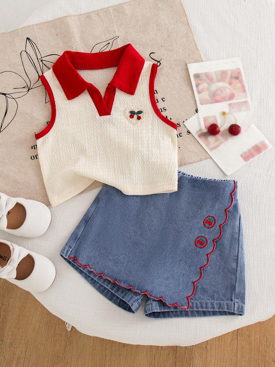 Toddler Girls Textured Knit Vest Top And Denim Skort Flower Embroidered Summer Outfit Set