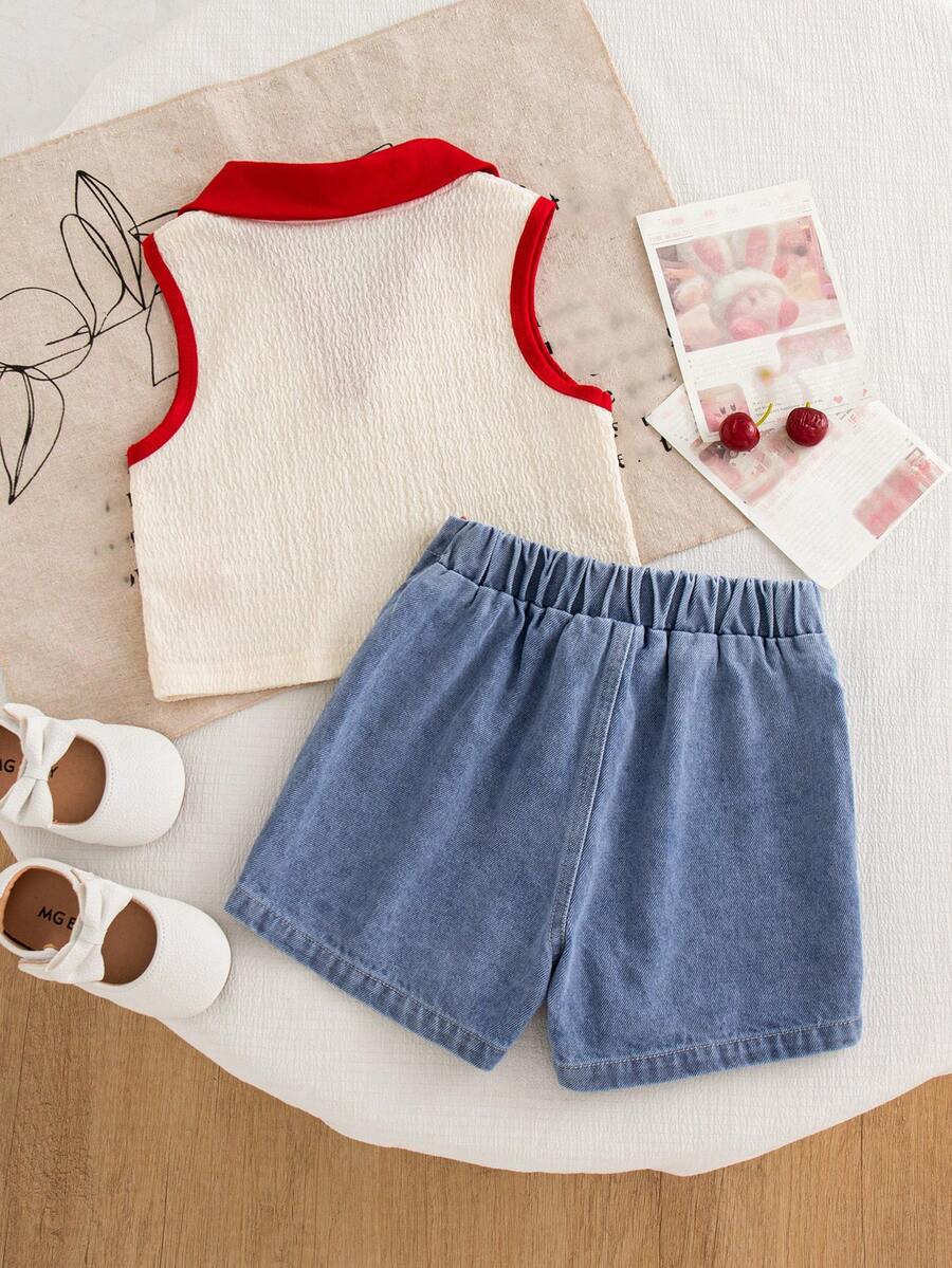Toddler Girls Textured Knit Vest Top And Denim Skort Flower Embroidered Summer Outfit Set