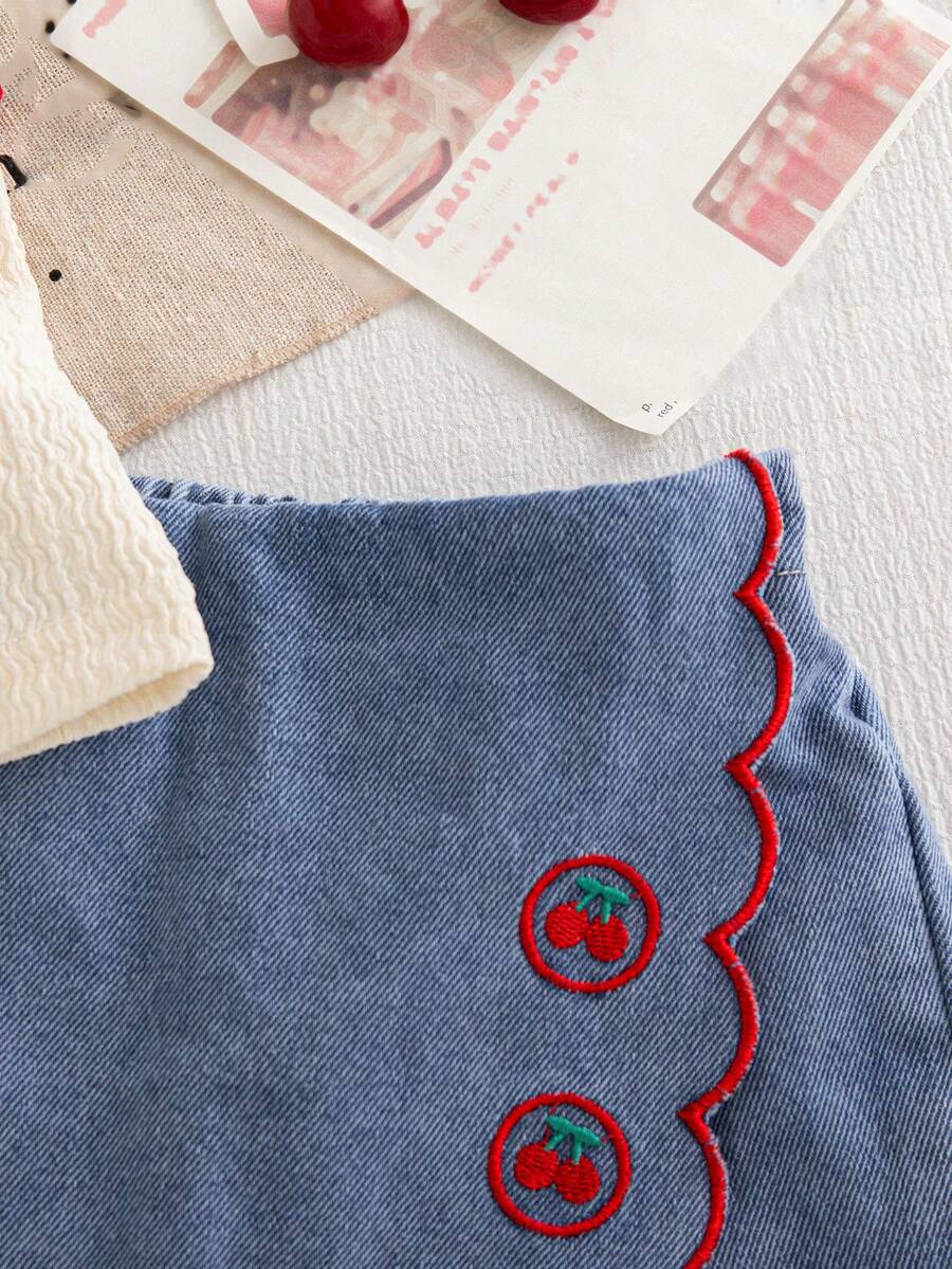 Toddler Girls Textured Knit Vest Top And Denim Skort Flower Embroidered Summer Outfit Set