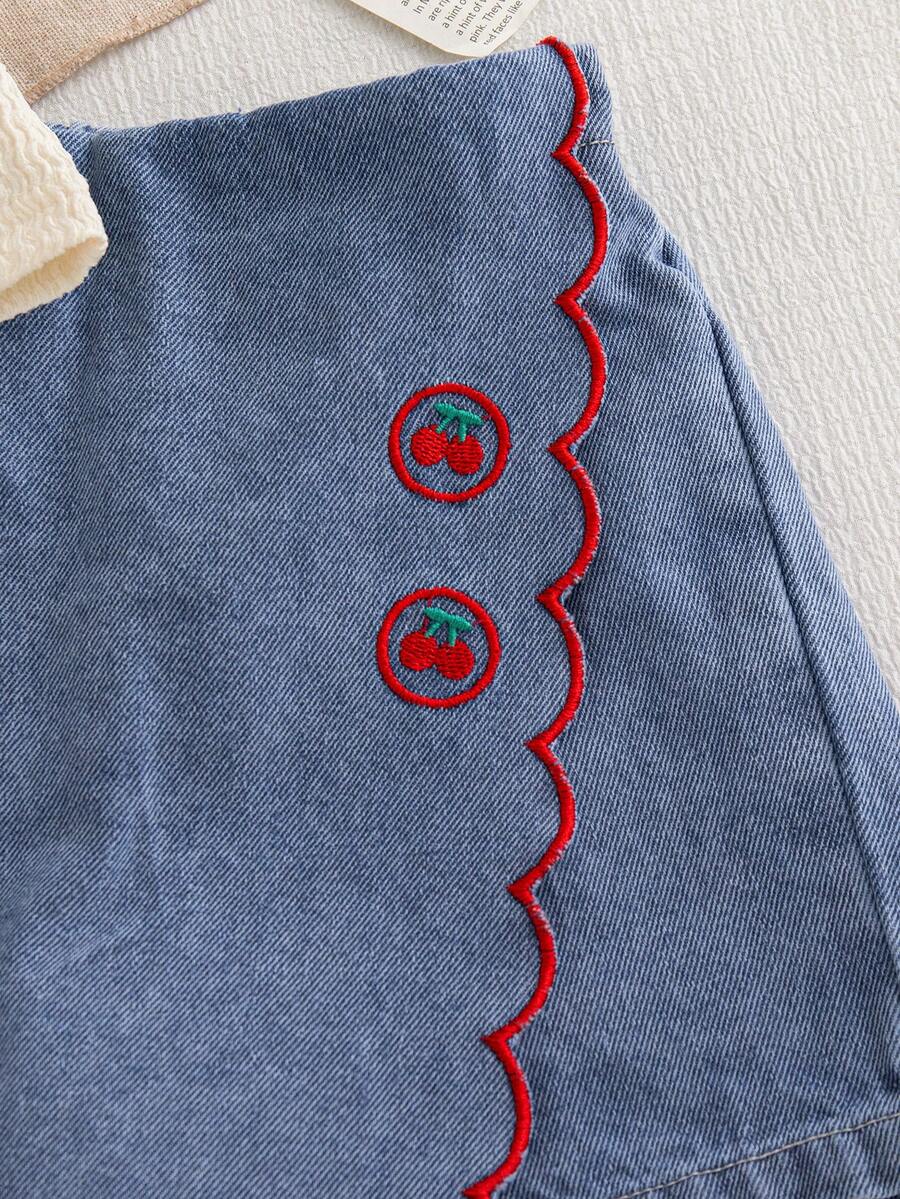 Toddler Girls Textured Knit Vest Top And Denim Skort Flower Embroidered Summer Outfit Set