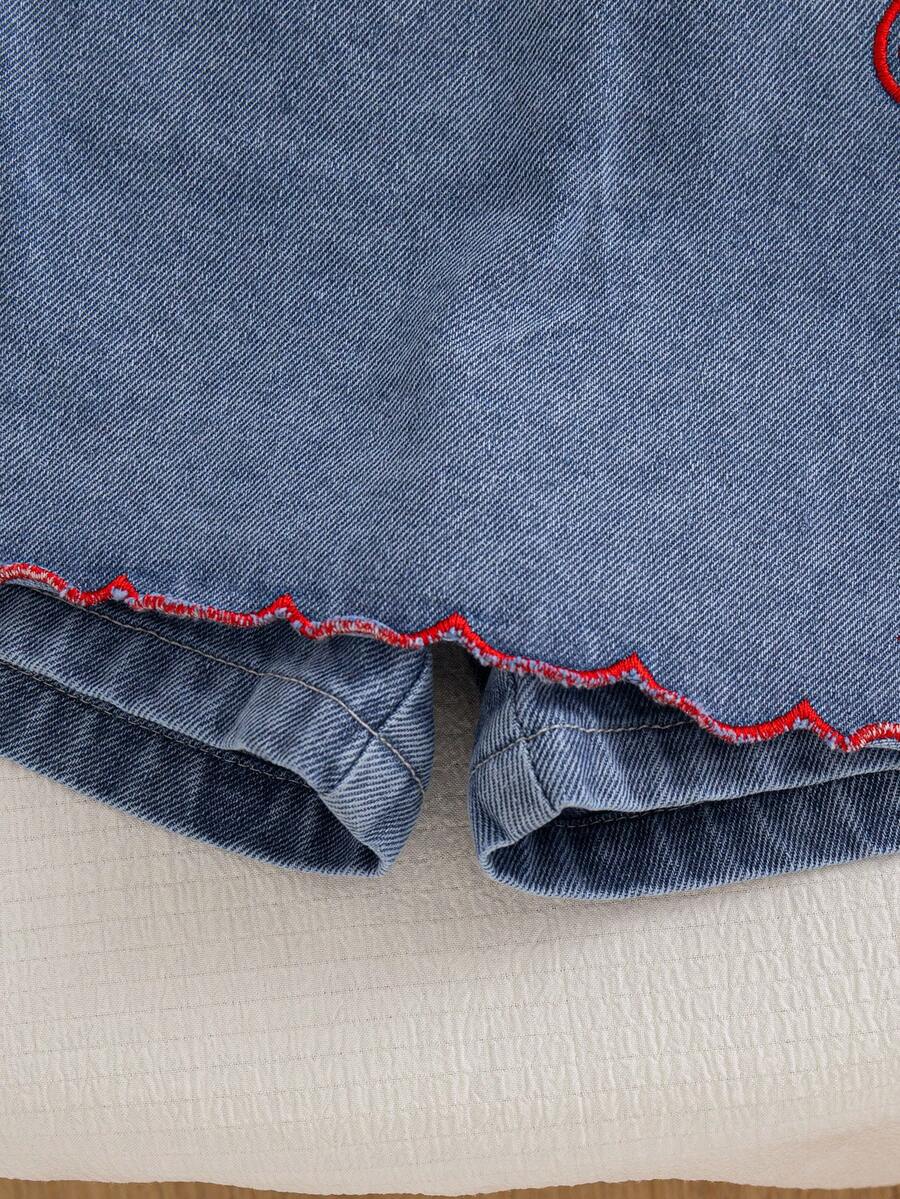 Toddler Girls Textured Knit Vest Top And Denim Skort Flower Embroidered Summer Outfit Set