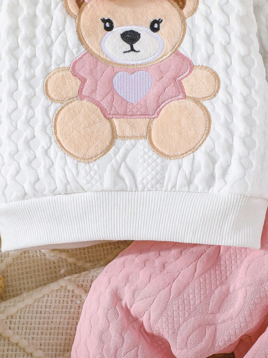 Newborn Baby Girl Bear & Bow Embroidered Long Sleeve Top & Contrast Pants 2PCS Set