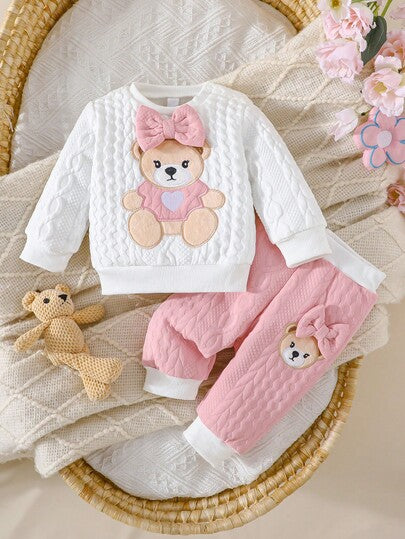 Newborn Baby Girl Bear & Bow Embroidered Long Sleeve Top & Contrast Pants 2PCS Set